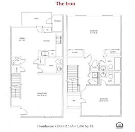 A floor plan for a townhouse with 2 bedrooms, 2 baths, and a living room.