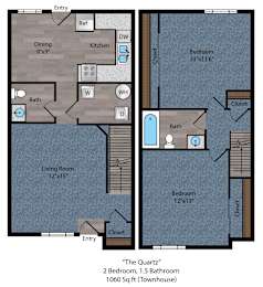 A floor plan of a small apartment with two bedrooms and a living room.