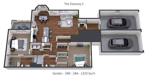 A floor plan of a two bedroom, two bathroom apartment with a garden.
