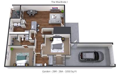A 3D floor plan of a two bedroom apartment.