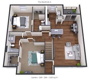 A 3D floor plan of a two bedroom, two bathroom apartment with a garden.
