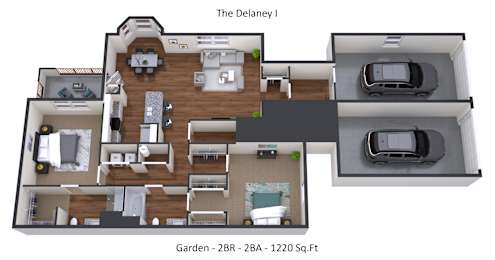 A floor plan of a two bedroom, two bathroom apartment with a garden.