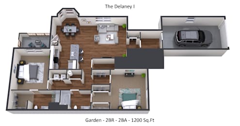 A floor plan of a house named The Delaney I with a garden area of 2BR - 2BA - 1200 Sq.Ft.