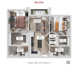 The ElmThe Hazel Two Bedroom Two Bathroom Floor plan at Greenwood Commons Apartments, Ohio