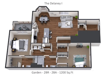 A floor plan of a two bedroom, two bathroom apartment with a garden.