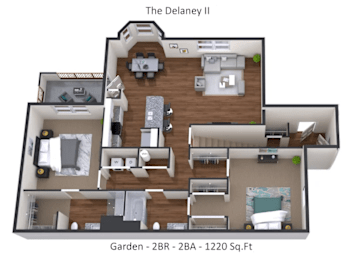 A 3D floor plan of a two bedroom, two bathroom apartment with a garden.