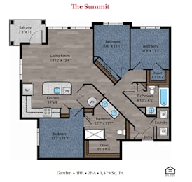 A floor plan for a house named The Summit is shown with all the rooms and their dimensions.