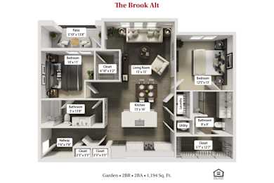 The Brook Alt Floor Plan at Flats at Sugar Run Apartments, Ohio, 43015