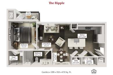 The Ripple Floor Plan at Flats at Sugar Run Apartments, Delaware, 43015