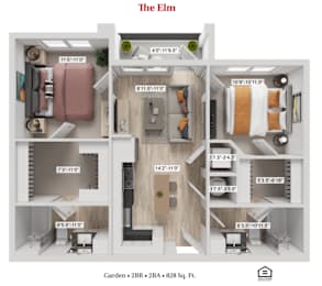 The Elm Two Bedroom Two Bathroom Floor plan at Greenwood Commons Apartments, Ohio