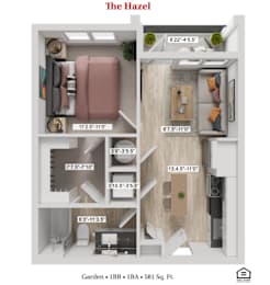 The Hazel One Bed One Bath Floor plan at Greenwood Commons Apartments, Delaware, OH 43015