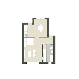 A floor plan of a house with a kitchen, living room, and two bedrooms.