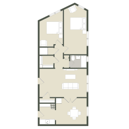 A floor plan of a house with a kitchen, living room, and two bedrooms.