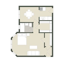 A floor plan of a house with a kitchen, living room, and two bedrooms.
