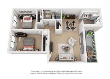 2 bed 1 bath floorplan A at Pacific Oaks Apartments, Towbes, Goleta California