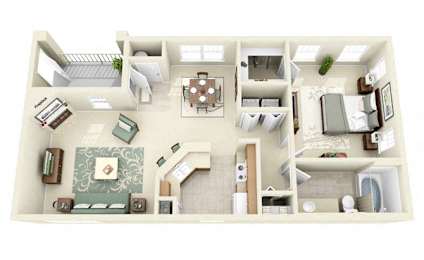 Derby One Bedroom Floor Plan 3D Image