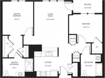 Two Bedroom, Two Bathroom Floor Plan.