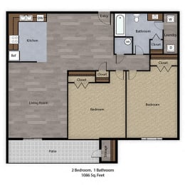  Floor Plan 2 Bedroom, 1 Bathroom - 1086 SF