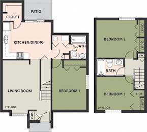  Floor Plan 3-Bedroom, 2-Bath