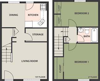  Floor Plan 2-Bedroom, 1-Bath