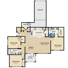 3 bedroom, 2 bathroom