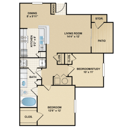 1 bedroom, 1 bathroom, study
