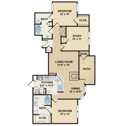 2 bedroom, 2 bathroom, study