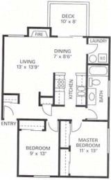 Our 2 Bedroom 1 Bath Apartment Floor plan at Wilderness West Apartments in Olympia, Washington