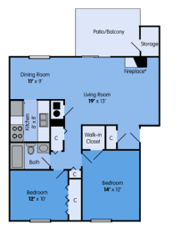 THE OAK Floor Plan at Woodbridge Apartments, Louisville, Kentucky, 900 Sq. Ft.