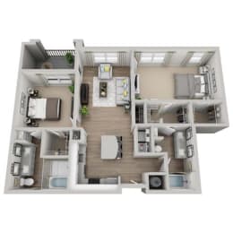 Moss 2-bed, 2-bath floor plan layout at Pointe Lake at Crabtree
