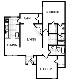 2 bed 2 bath floor plan B at Overton Park Apartments, Texas