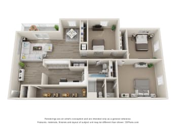 3 Bedroom Floor Plan | 1,242 Sq. Ft. at Woodbriar Management, LLC, Tucker, GA, 30084