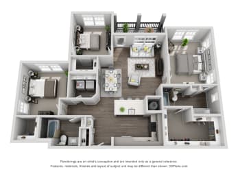 D1 3 Bed 2 Bath Floor Plan at Central Island Square, South Carolina