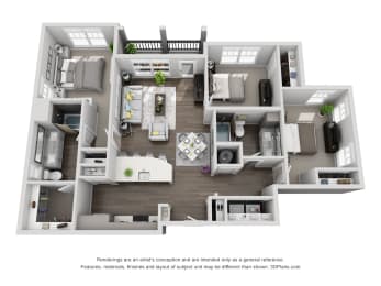 D2 3 Bed 2 Bath Floor Plan at Central Island Square, South Carolina, 29492