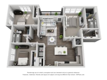 D6 3 Bed 2 Bath Floor Plan at Central Island Square, Daniel Island, 29492