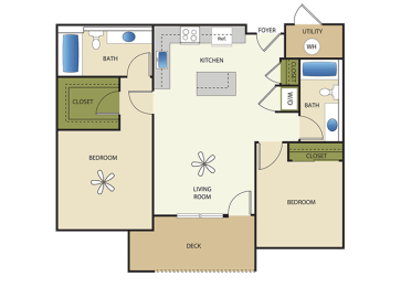 2 Bed 2 Bath Floor Plan at Enclave at 1400 South Apartments, Salt Lake City, 84115
