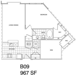 Floor Plan  1 Bedroom + Den, 1 Bath 966 SF B