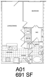 Floor Plan  1 Bedroom, 1 Bath 691 SF KA1