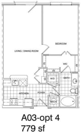 Floor Plan  1 Bedroom, 1 Bath 778 SF KA3.2