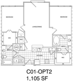 Floor Plan  2 Bedroom, 2 Bath 1105 SF KC1.4