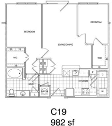 Floor Plan  2 Bedroom, 1 Bath 982 SF KC19