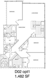 Floor Plan  3 Bedroom, 2 Bath 1482 SF KD2