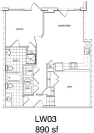 Floor Plan  1 Bedroom + Office, 2 Bath  890 SF KLW3
