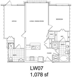 Floor Plan  1 Bedroom + Office, 2 Bath 1078 SF LW7