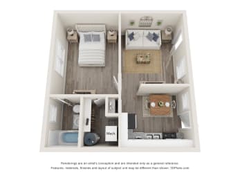 1 Bedroom 1 Bath Floor Plan | 719 Sq. Ft. at Balfour 296, Lilburn, 30047