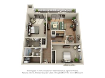  Floor Plan 2 Bed 1 Bath B