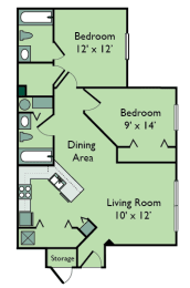 Two Bedroom Two Bathroom 921 Sqft Floor Plan at Leigh Meadows Apartments, Florida, 32257