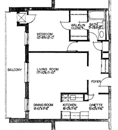 Floor Plan  One bedroom, one bathroom apartments layout at Dalhousie Place in Amherstburg, ON
