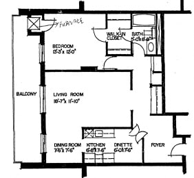 Floor Plan  One bedroom, one bathroom apartment layout at Dalhousie Place in Amherstburg, ON