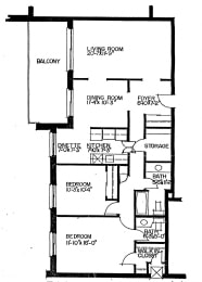 Floor Plan  Two bedroom, one bathroom apartment layout at Dalhousie Place in Amherstburg, ON